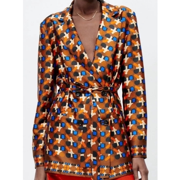 New Zara Printed Double Breasted Tie Belt Brown Blazer Blogger Favorite NWT XS - Picture 10 of 17